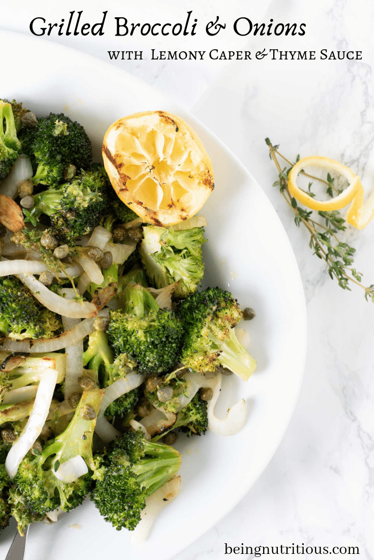 Grilled broccoli and onions pinterest graphic