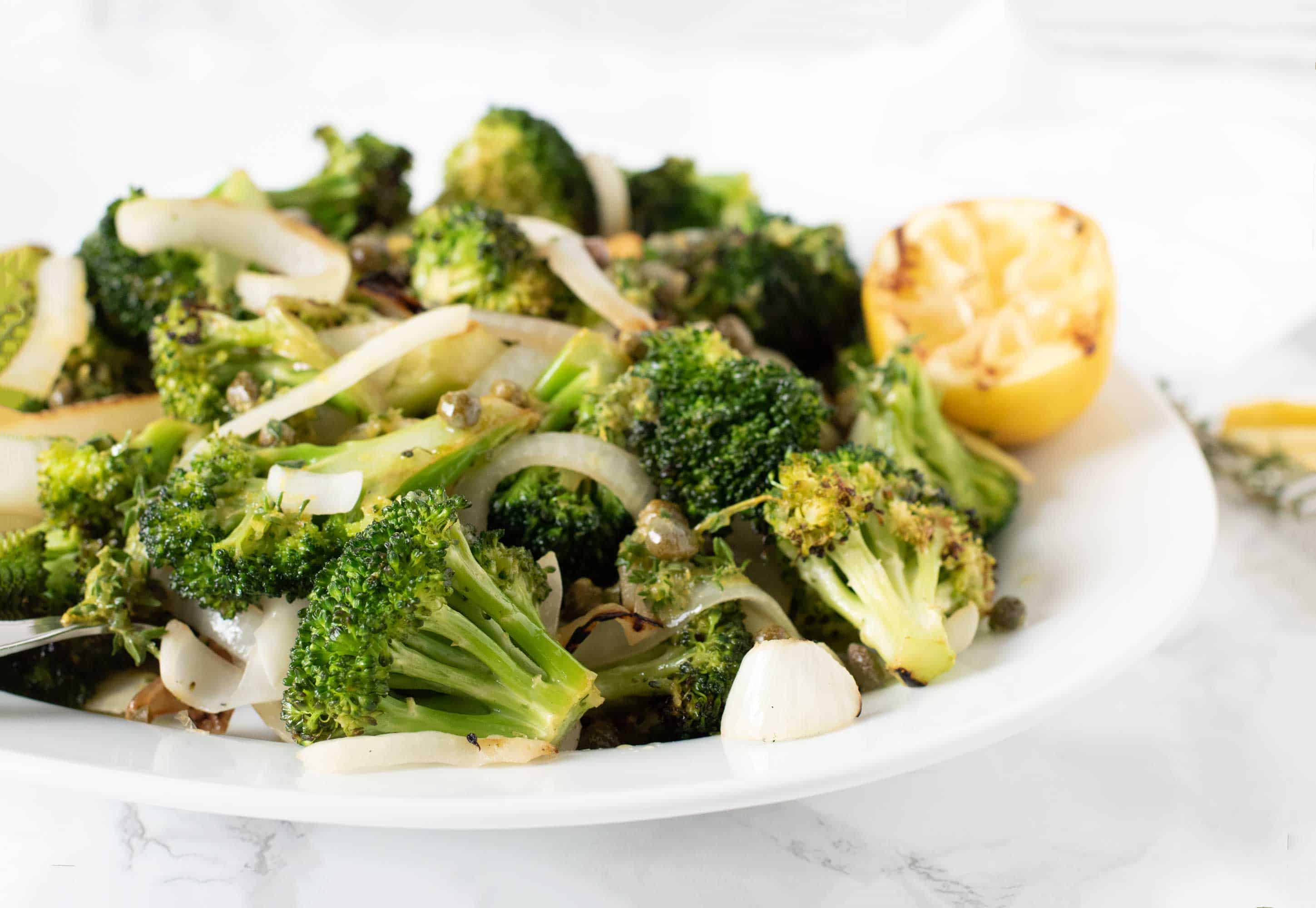 Grilled Broccoli and Onions with Lemony Caper & Thyme Sauce