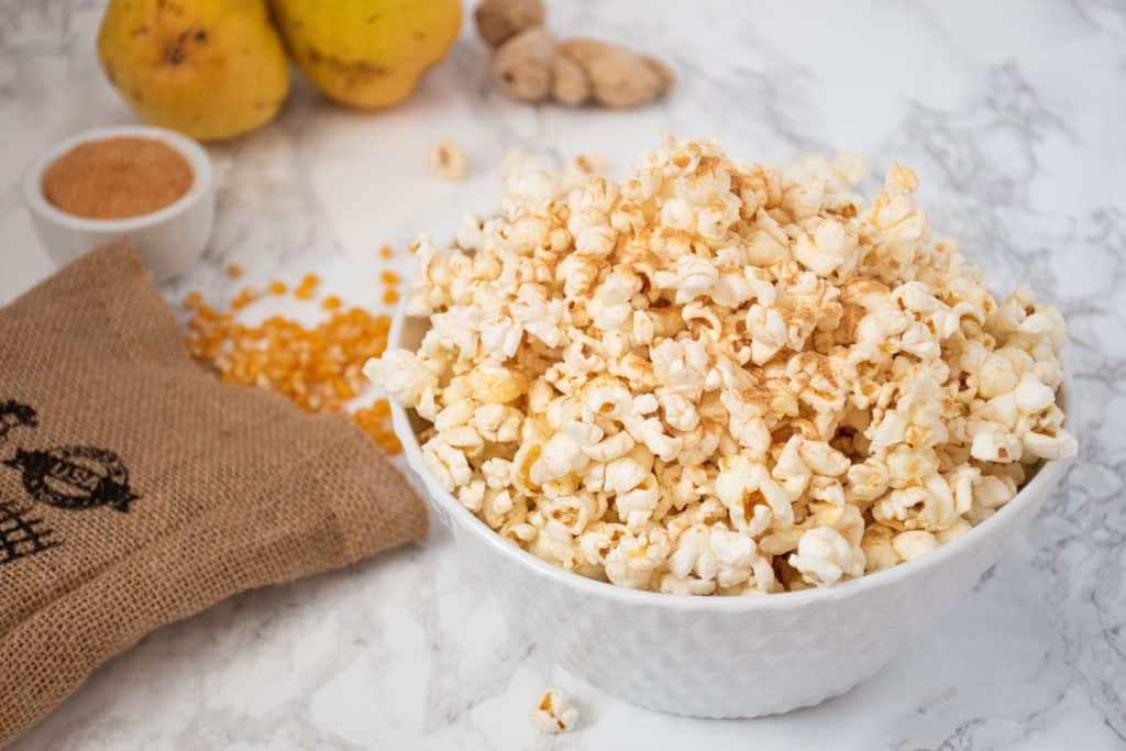 Gingered Pear Seasoned Popcorn in a bowl