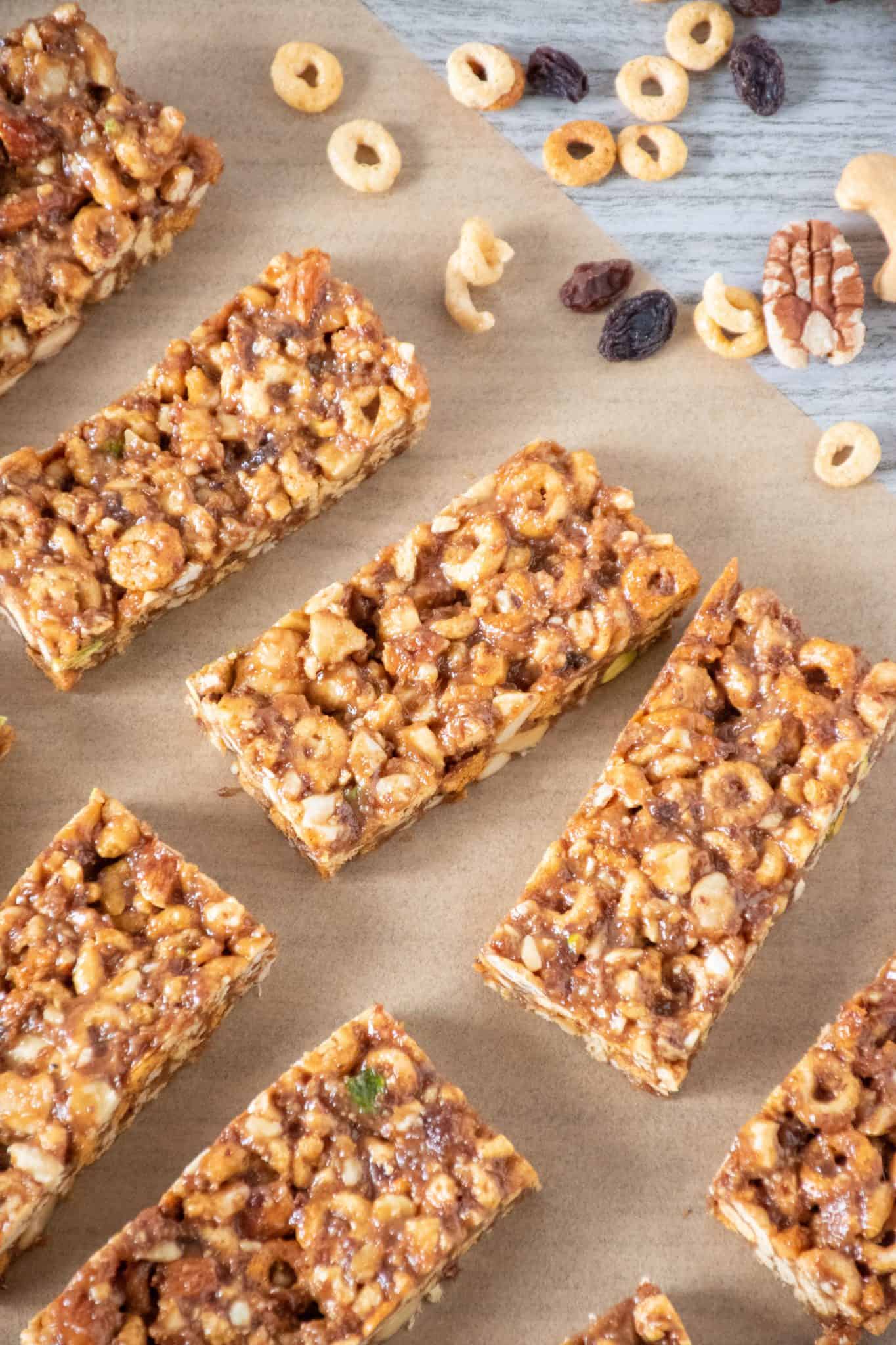 Overhead view of cereal bars on parchment paper.