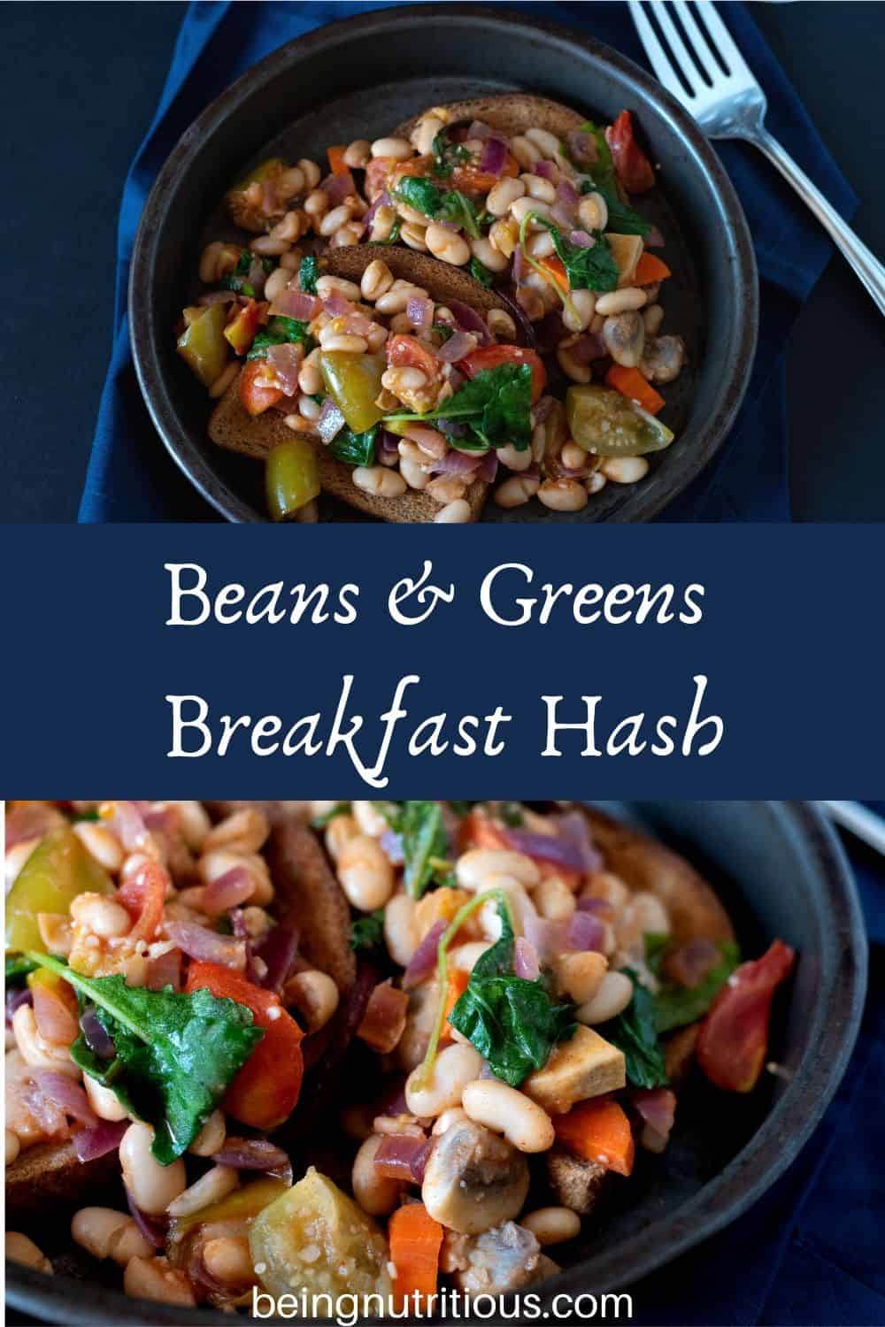 Beans and Greens Breakfast Hash on toast in a metal dish.