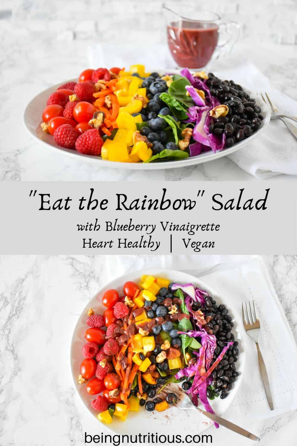 Stacked image. Top image is of rainbow salad on a plate, ingredients arranged by color. Bottom image is and overhead of rainbow salad on a plate, with blueberry vinaigrette dressing poured on, and several bites take from salad.