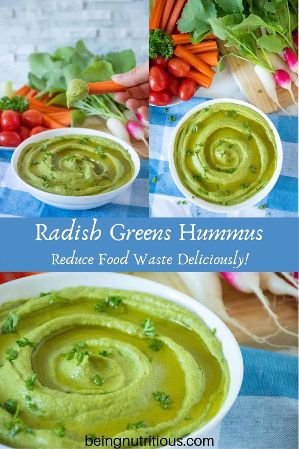 Compilation of 3 images of radish greens hummus in a white bowl, with a variety of vegetables for dipping in the background.