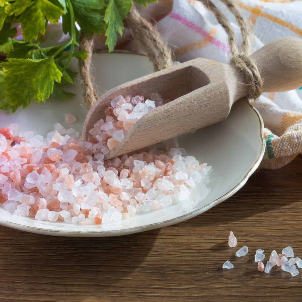 Small dish with pink salt and a small wooden scoop