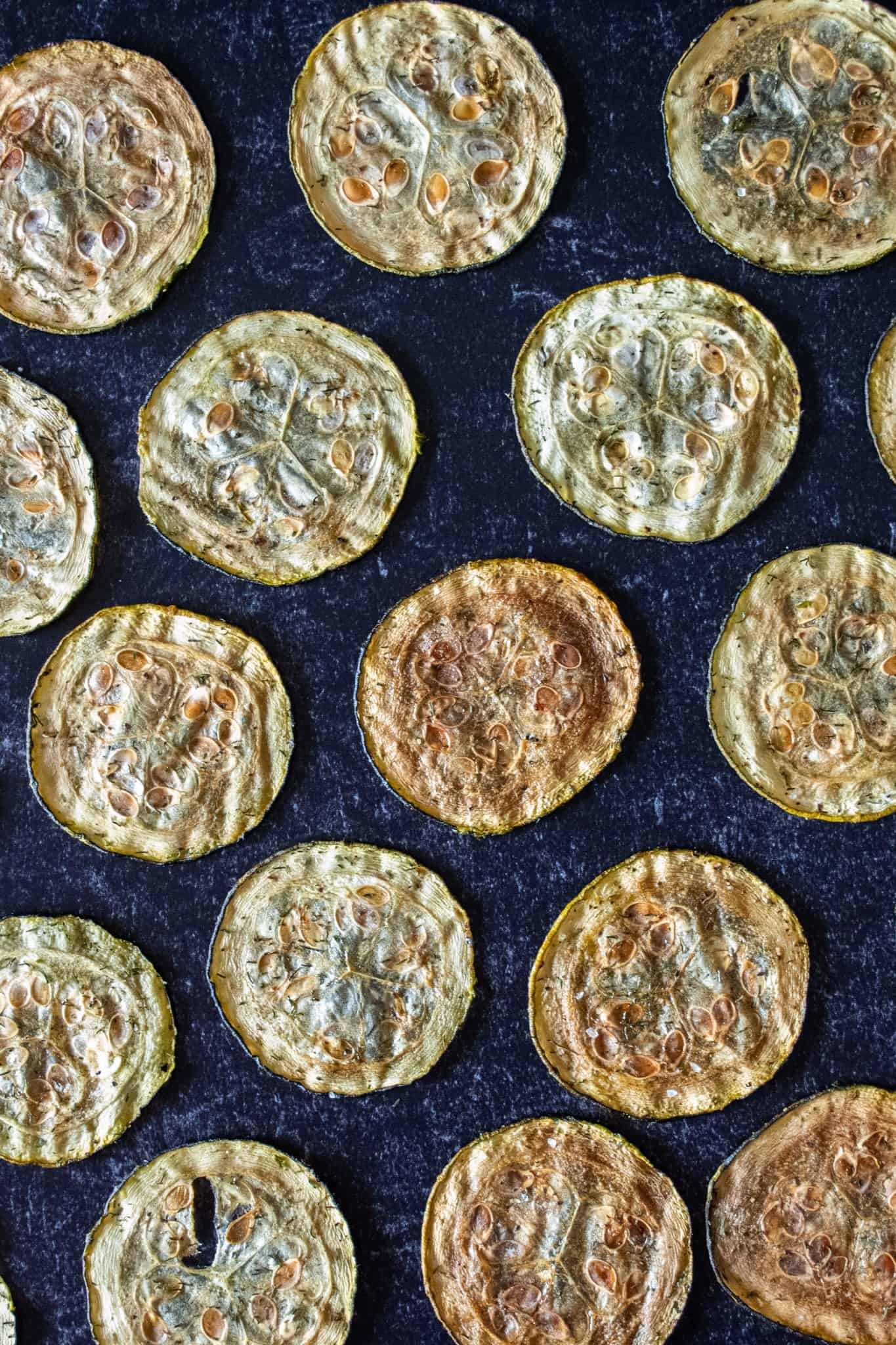 Overhead shot of zucchini chips arranged on a dark background, in a single layer, equidistant apart.