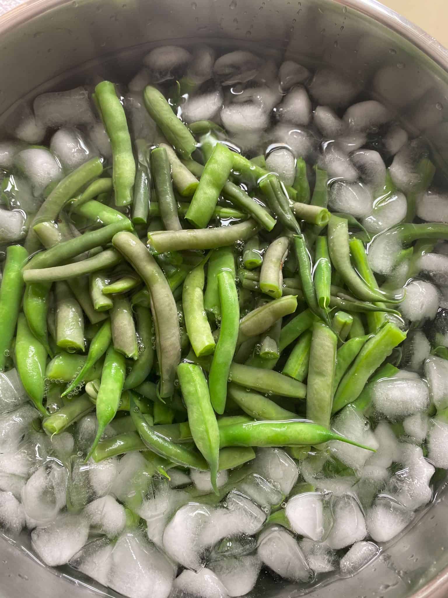 Blanched beans in ice bath.