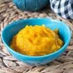 Pumpkin puree in a blue bowl