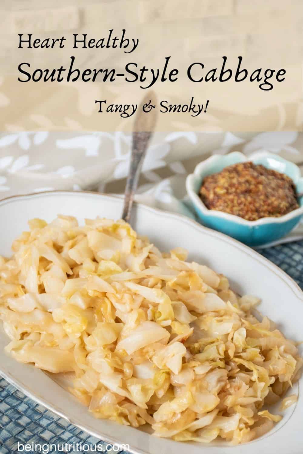 Sautéed cabbage on a plate. Text overlay: Heart Healthy Southern-style cabbage; tangy and smoky!