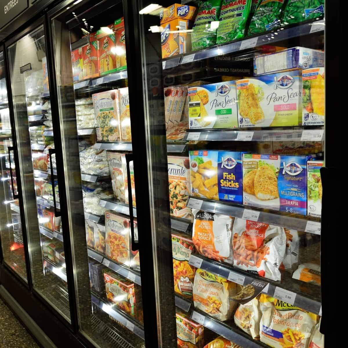 Frozen food section at grocery store