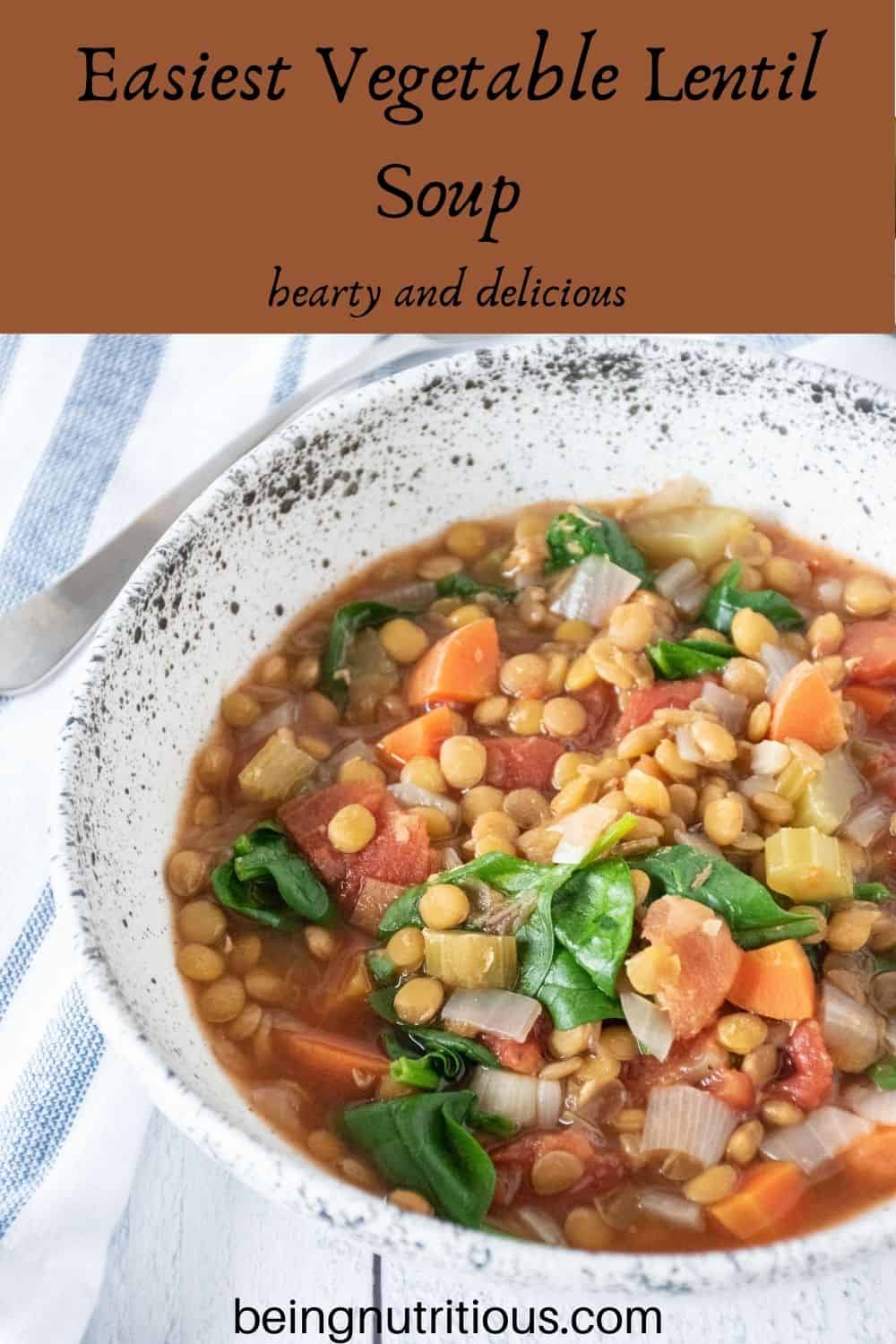 Lentil soup in a bowl. Text overlay: Easiest Vegetable Lentil soup; hearty and delicious.