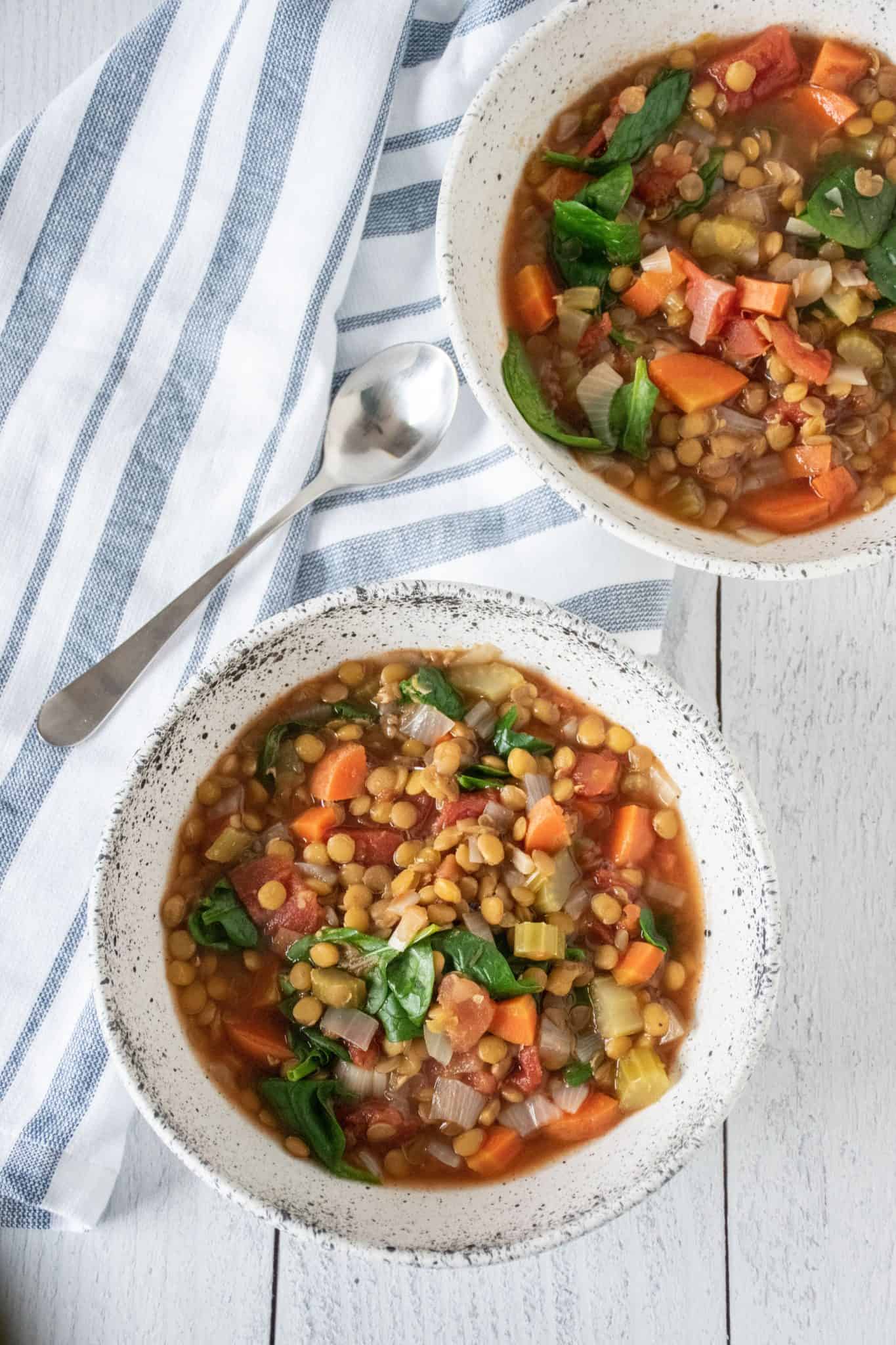 Overhead picture of lentil soup in bowls.