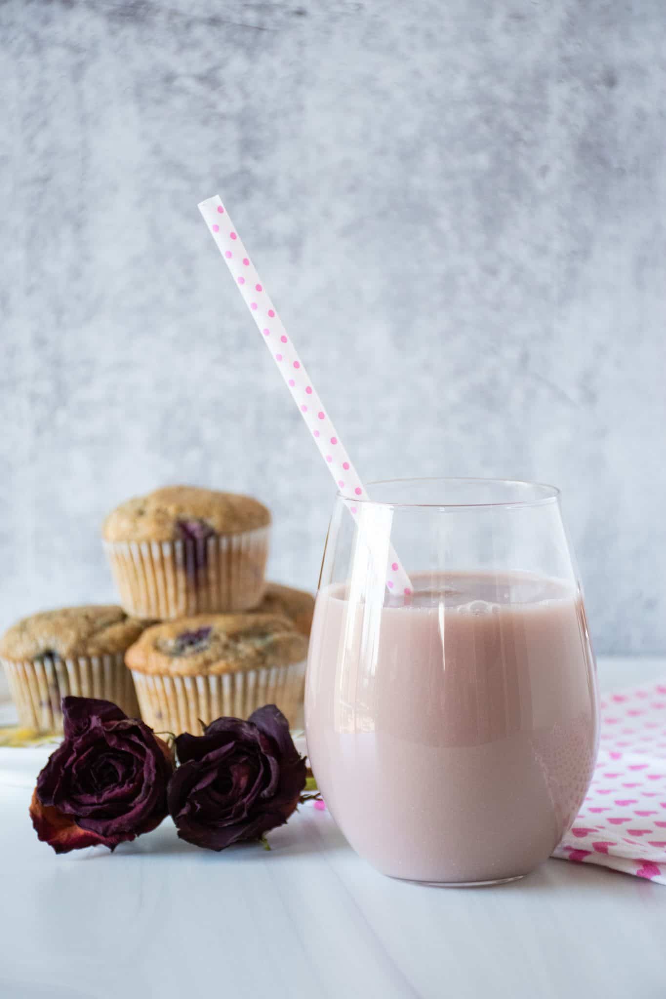 Pink beverage in a glass.