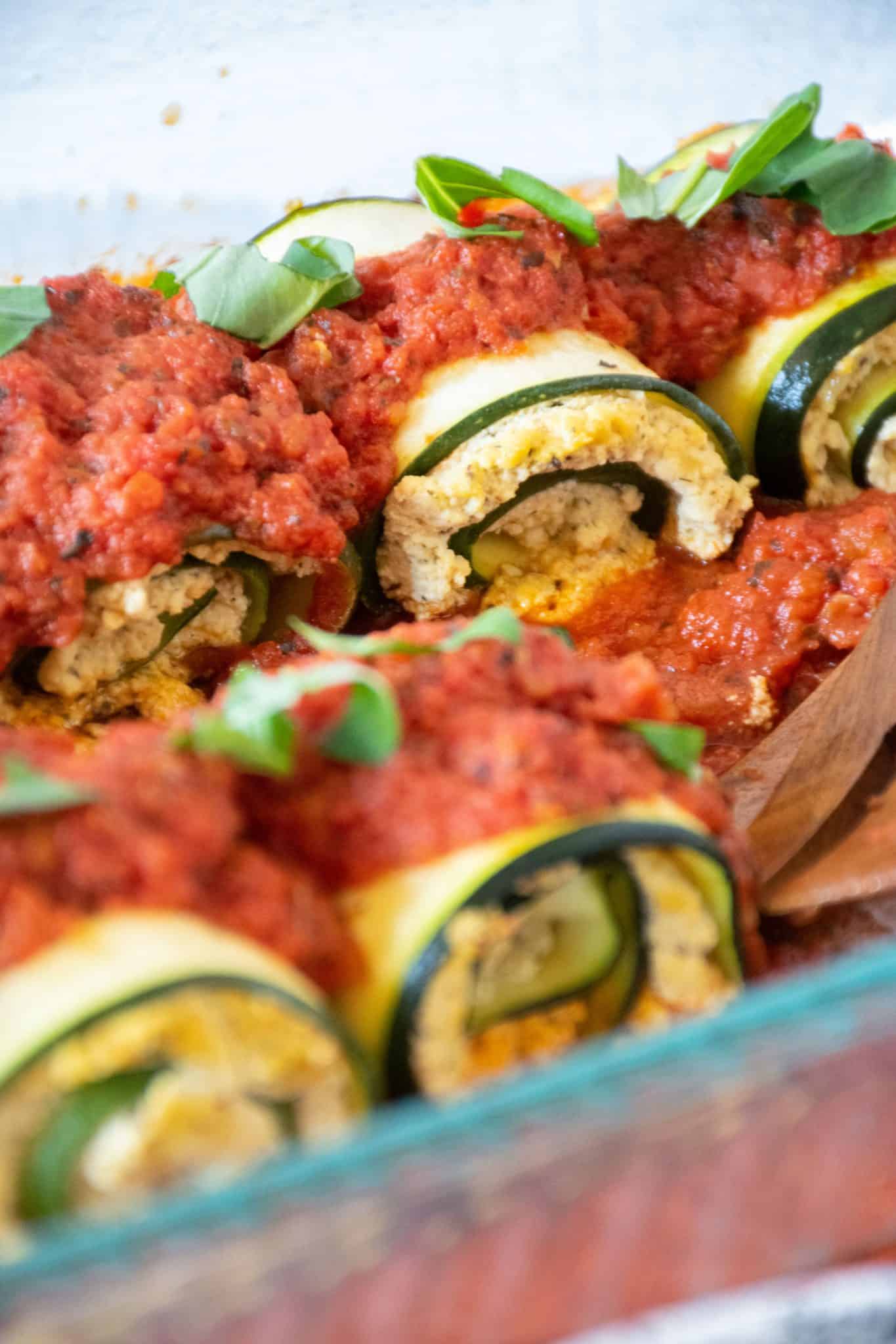 Pan of zucchini rolls.