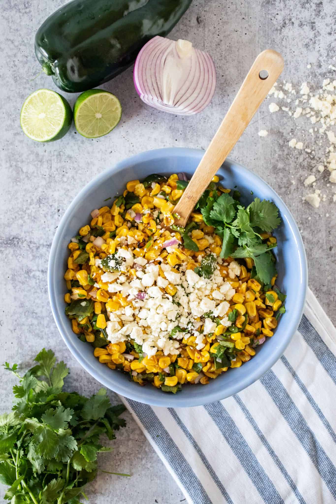 Overhead of corn salad in a bowl.