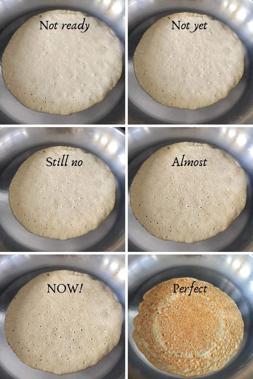 Visual guide showing when chickpea flour crepes are ready to flip.