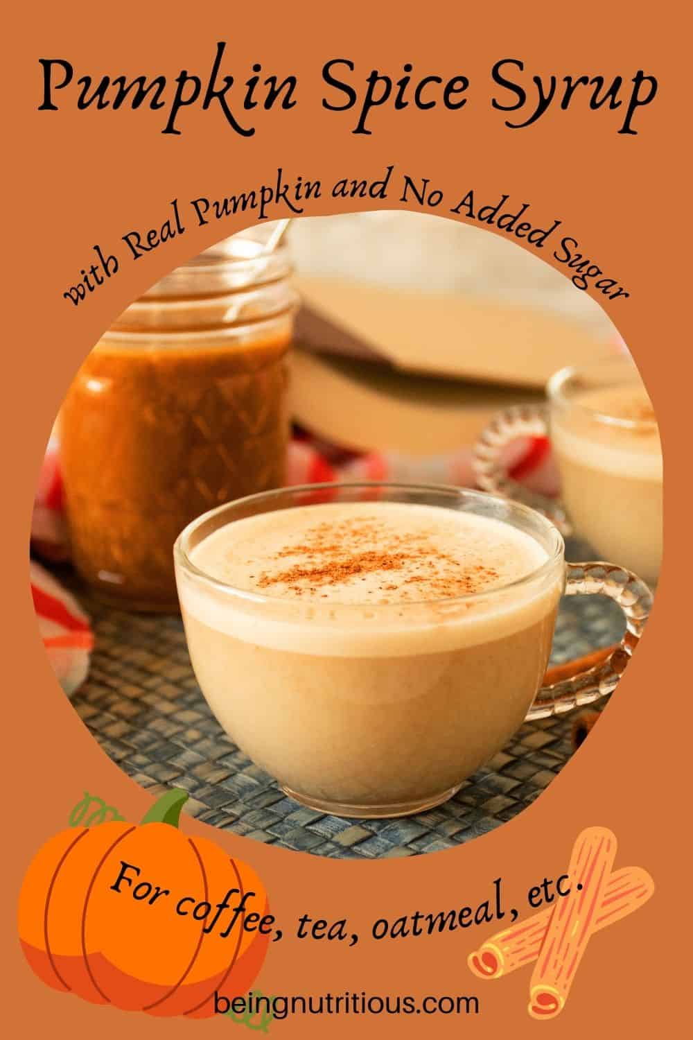 Small cup of a latte with a jar of pumpkin spice syrup in the background. Text around picture: Pumpkin Spice Syrup with real pumpkin and no added sugar. For coffee, tea, oatmeal, etc.