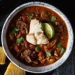 Bowl of chili; overhead shot.