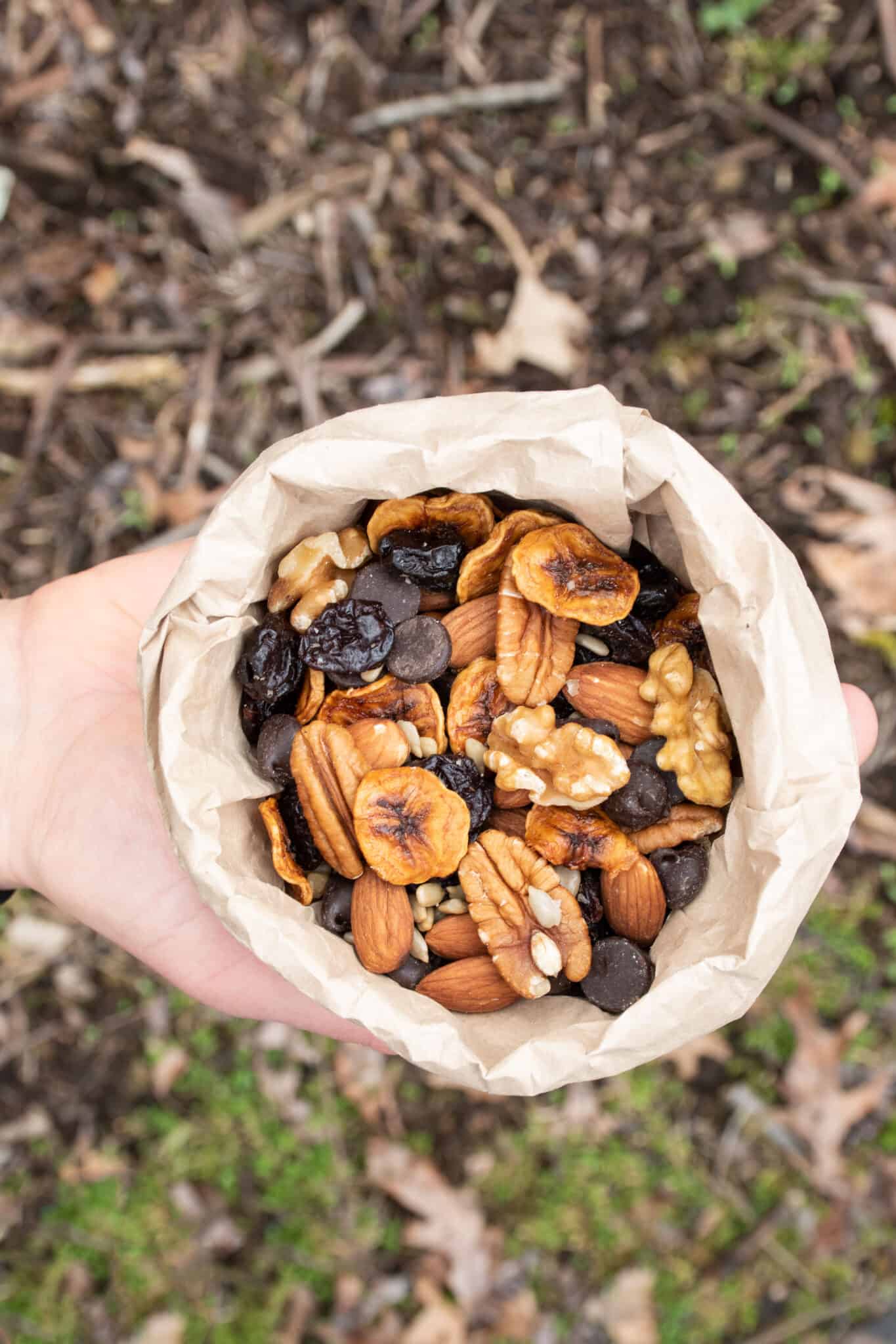 Paper bag filled with homemade trail mix