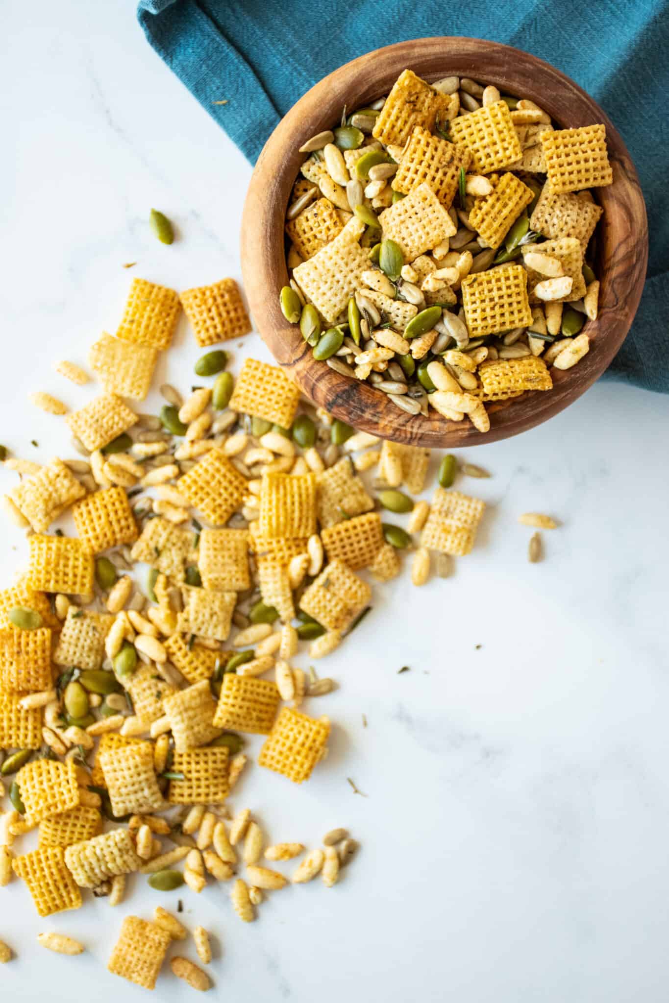 Bowl of snack mix.