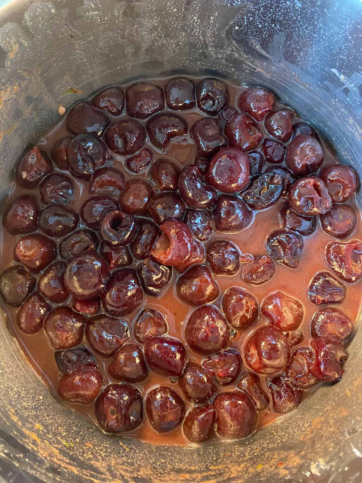 Cherry filling in a pot.