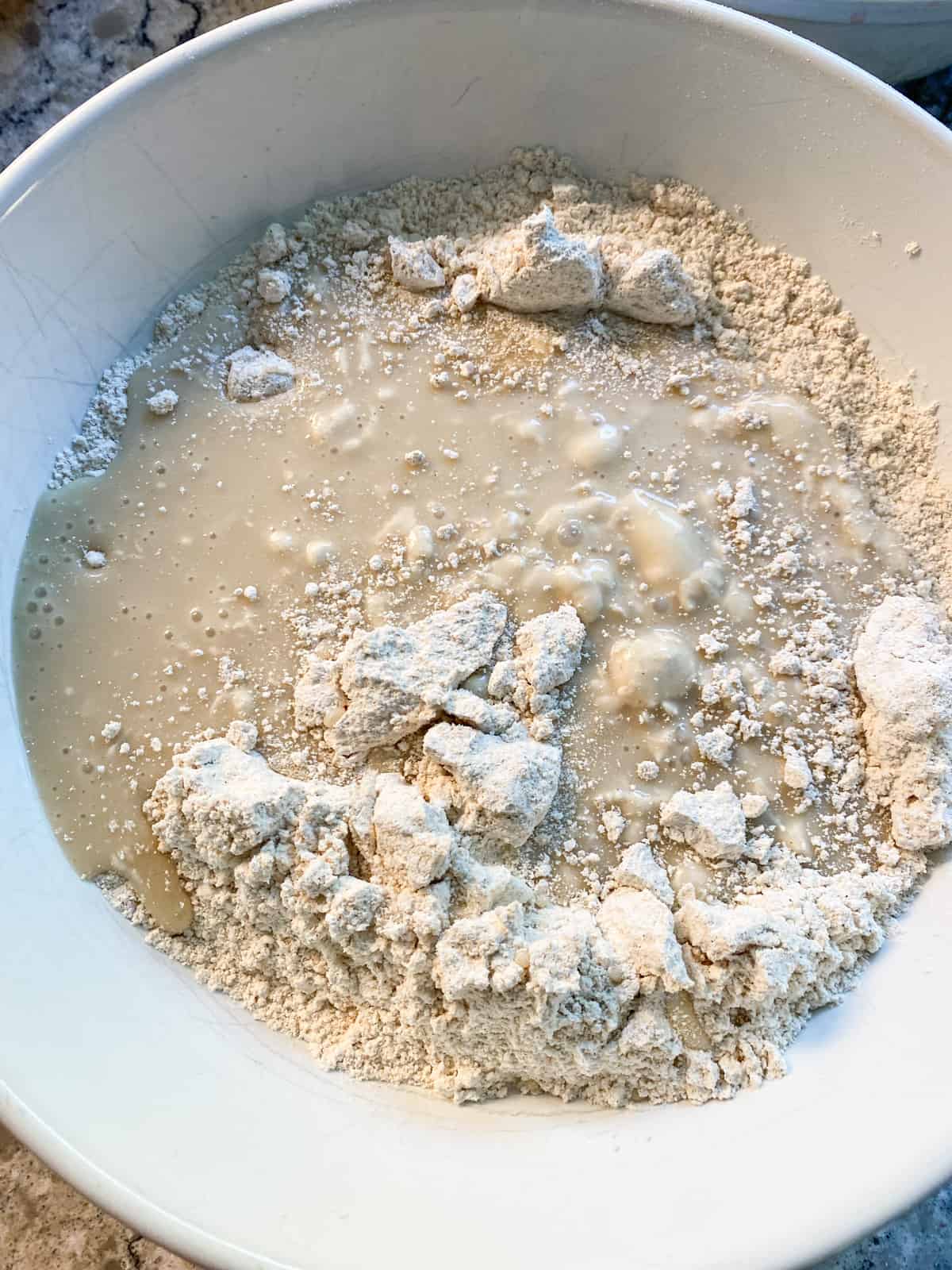 Wet ingredients poured into dry ingredients.