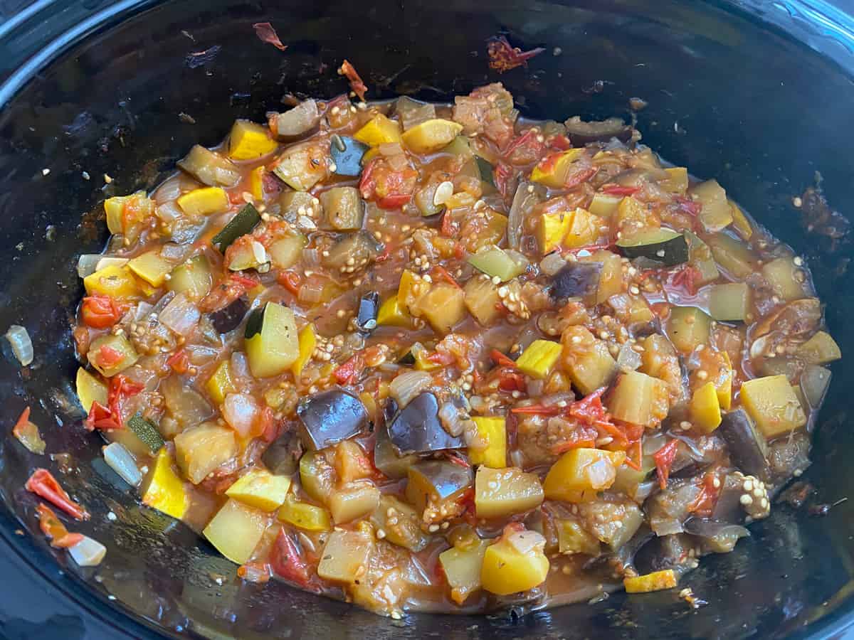 Ratatouille done cooking, in the slow cooker.
