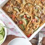 Overhead image of tetrazzini in a casserole dish.