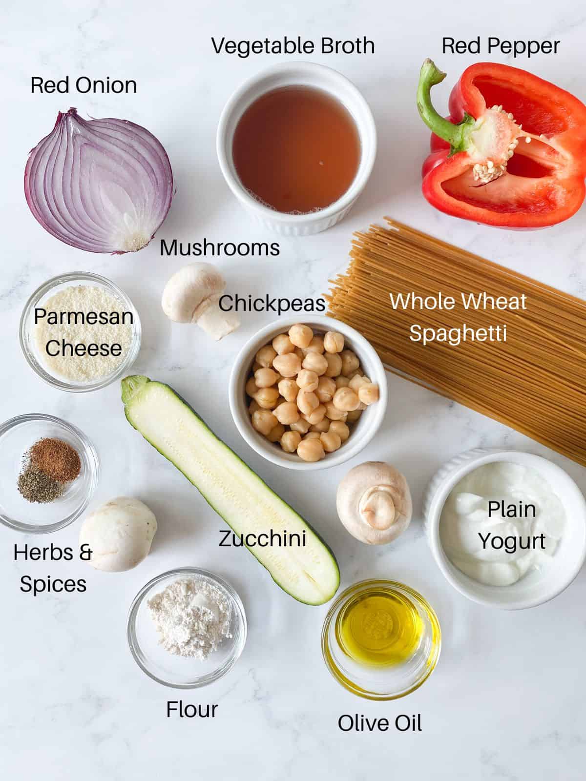 Overhead image of ingredients for vegetable tetrazzini.