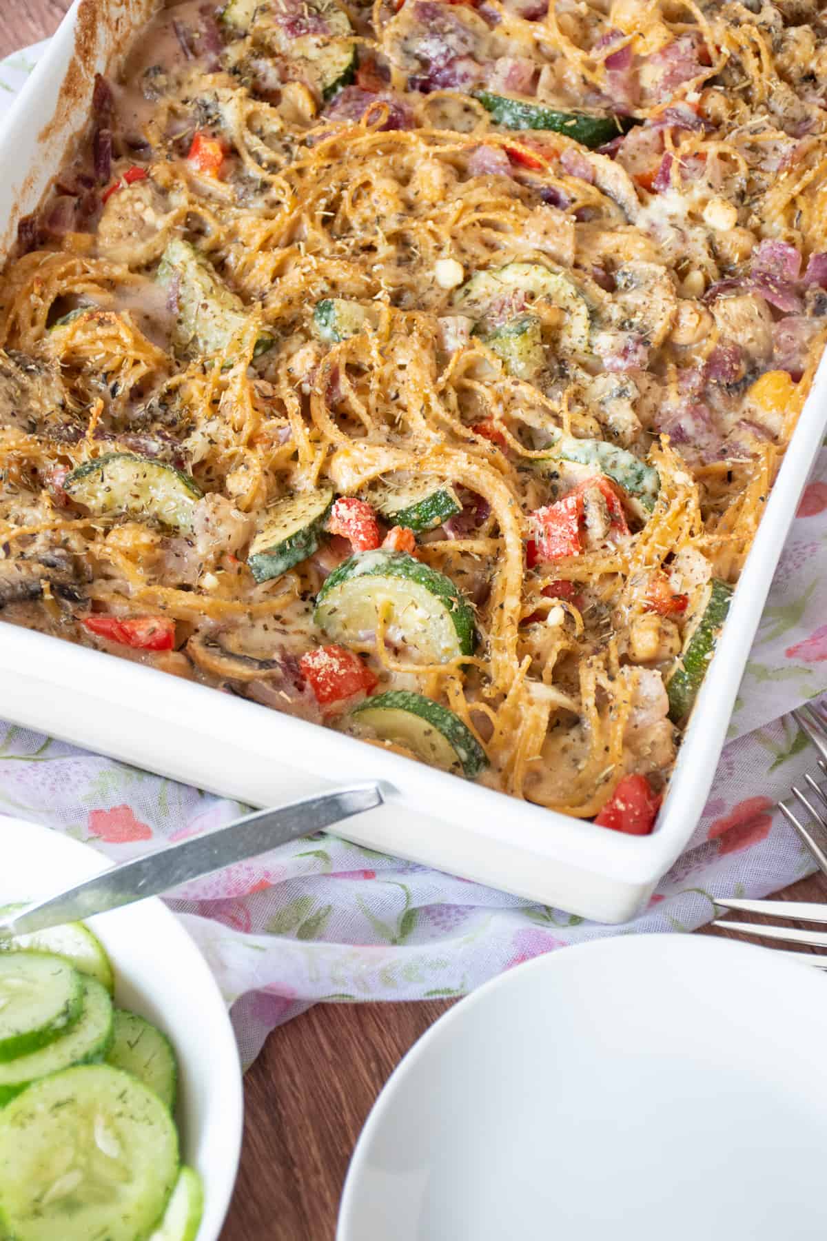 Overhead image of baked tetrazzini in a casserole dish.