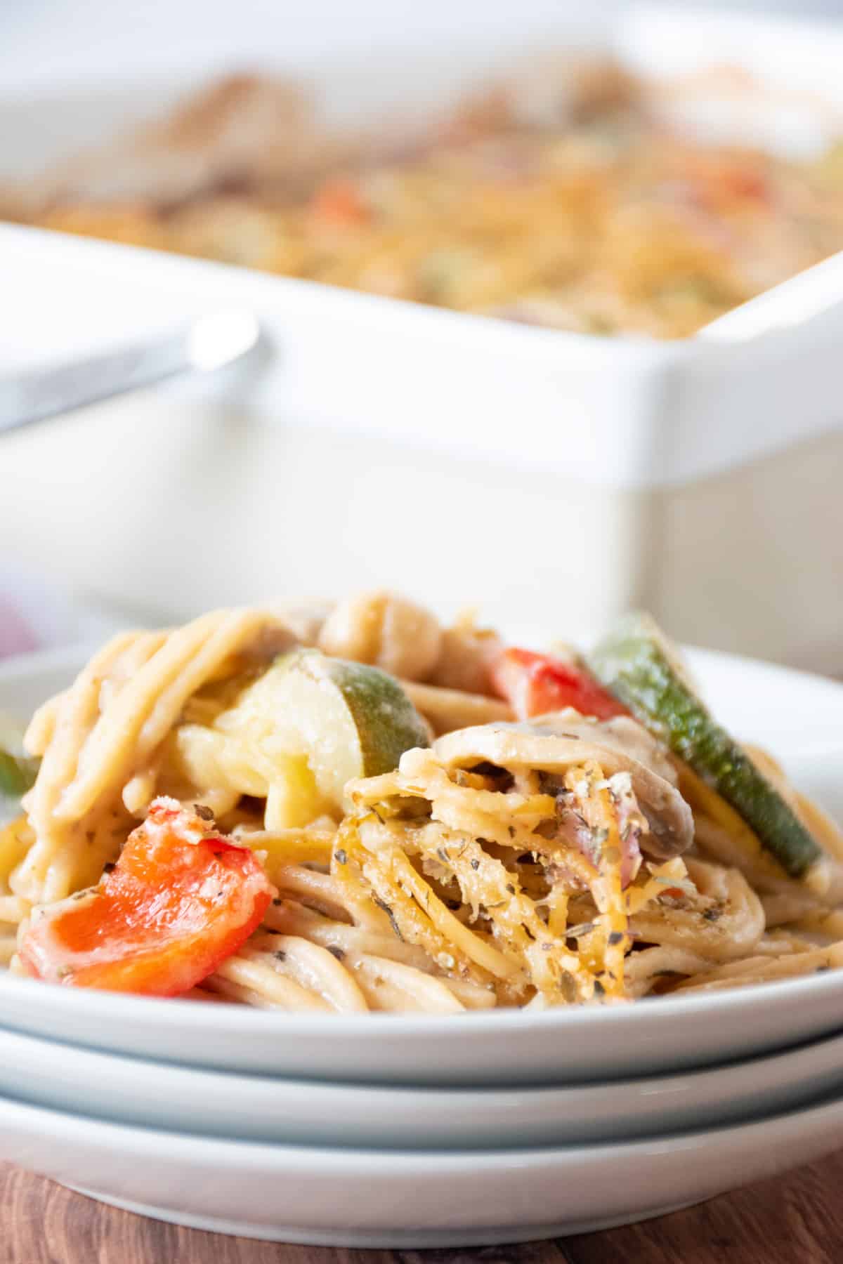 Close up of tetrazzini on a plate.