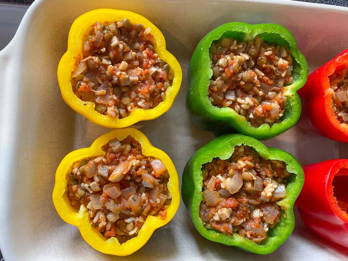 Raw bell peppers, stuffed with filling.