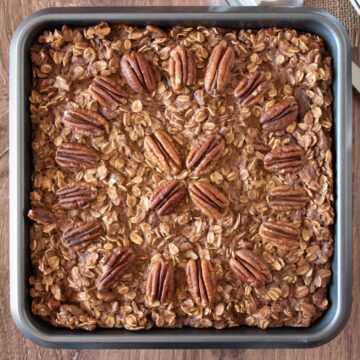 Overhead image of baked oatmeal, still in the baking pan.