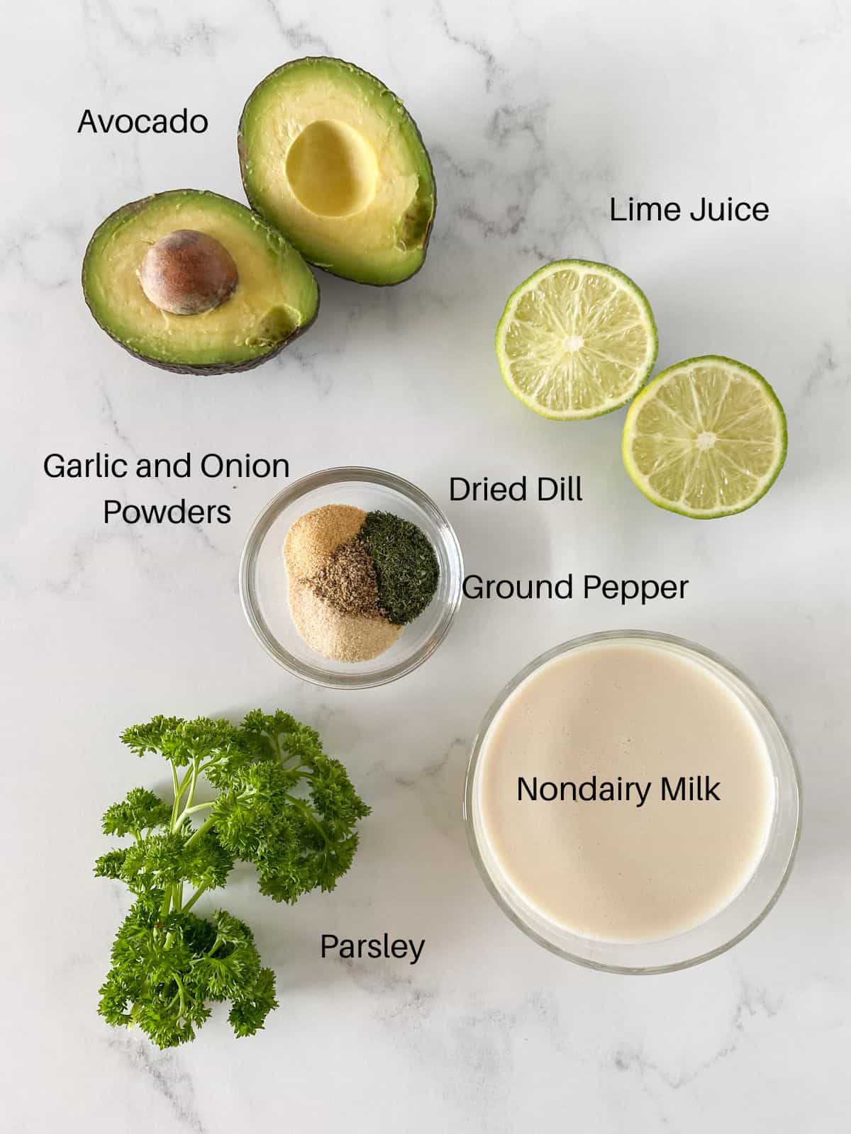 Avocado lime ranch dressing ingredients.