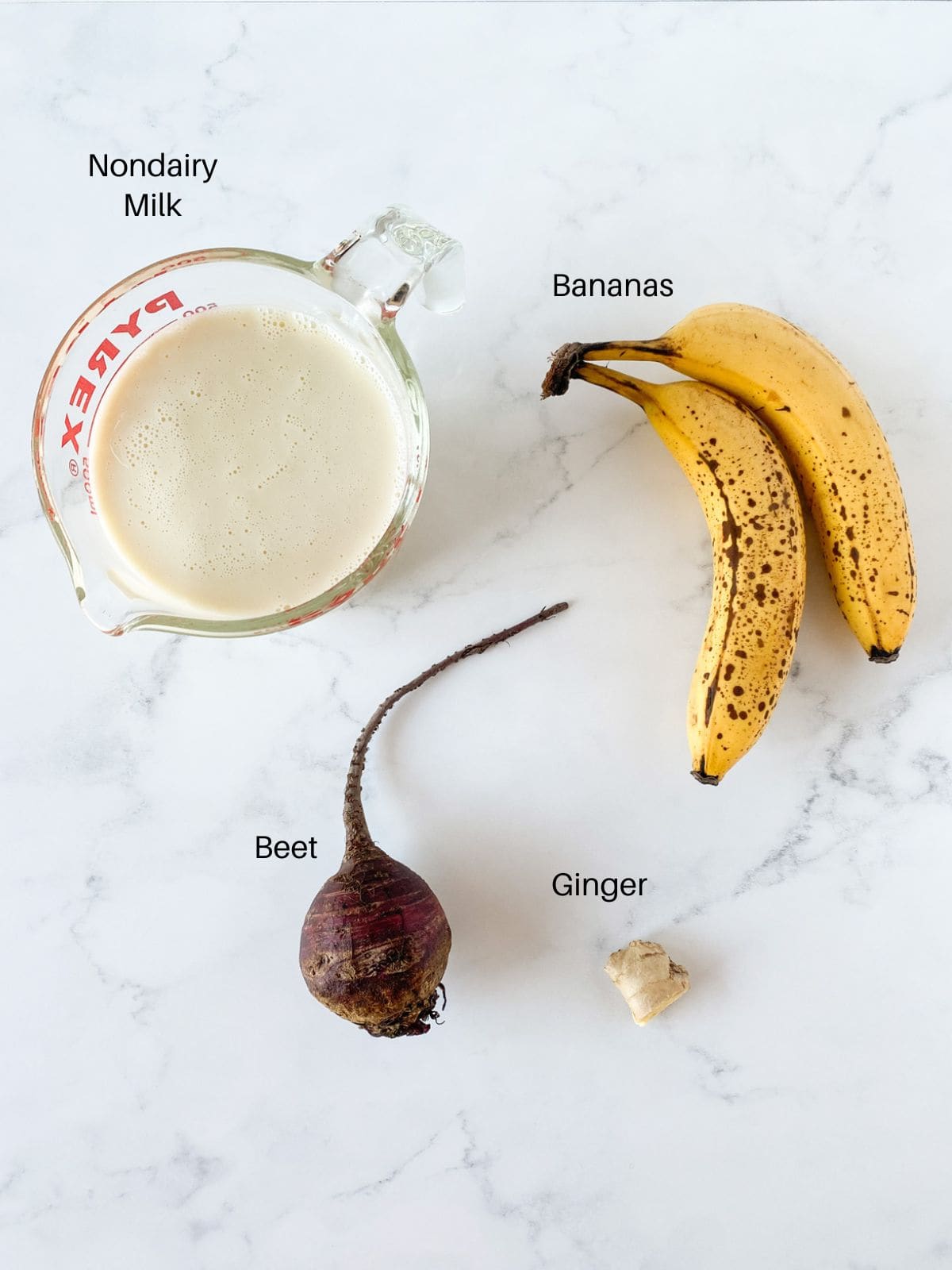 Ingredients for banana beet smoothie.