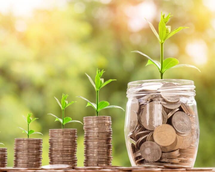 A row of coins stacked up with a small plant growing from them. Last in the row is a small glass jar of coins with a plant growing from it.