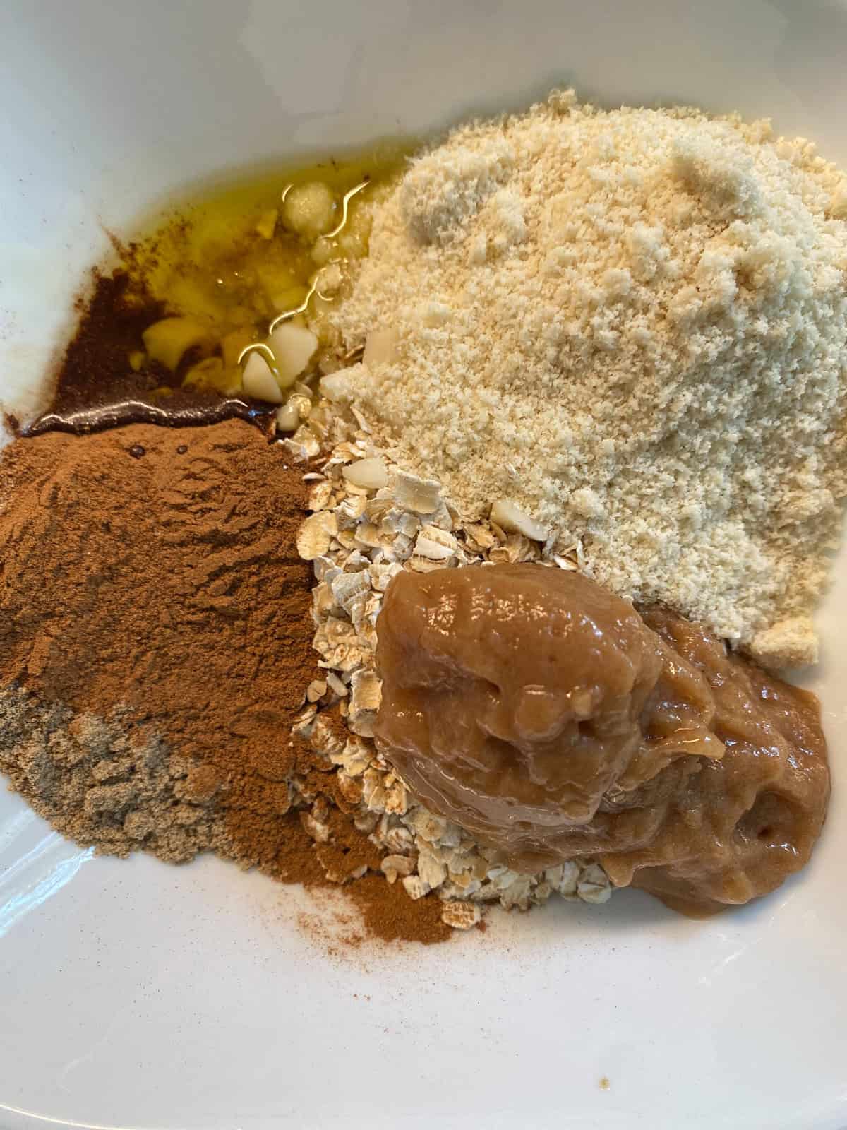 Crumb topping ingredients in a bowl, before mixing.