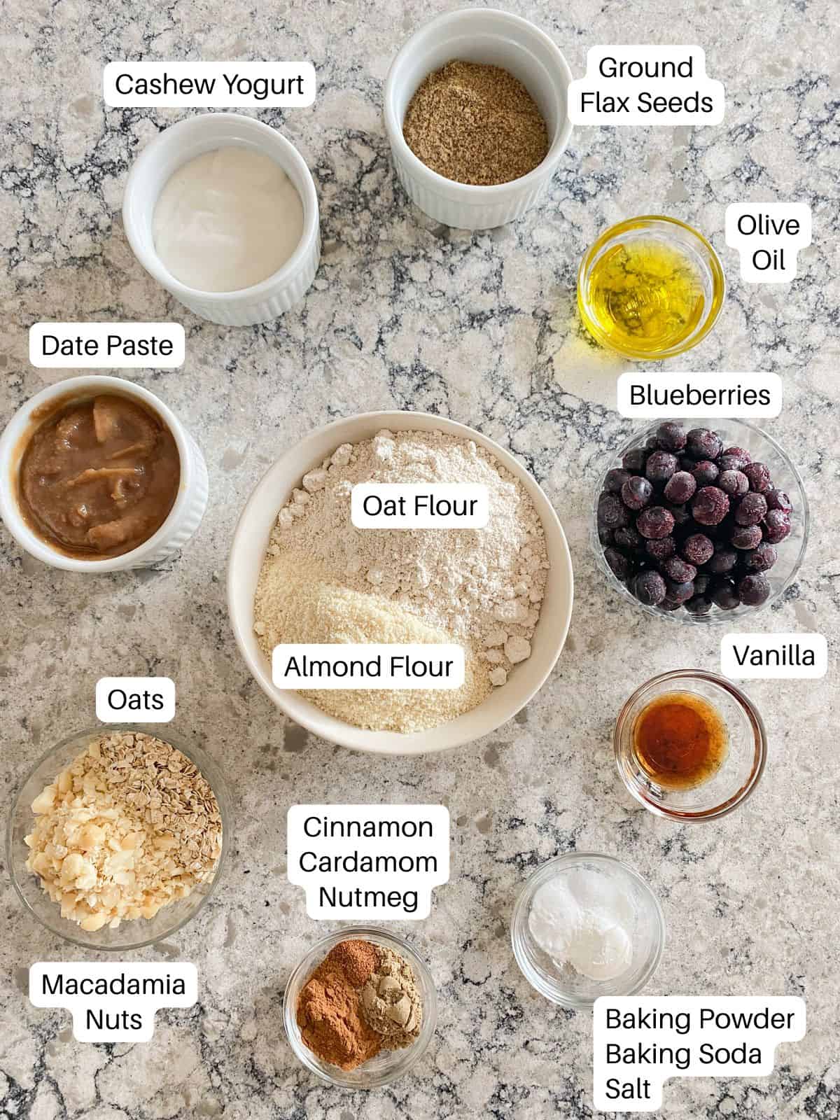 Ingredients for gluten free blueberry coffee cake.