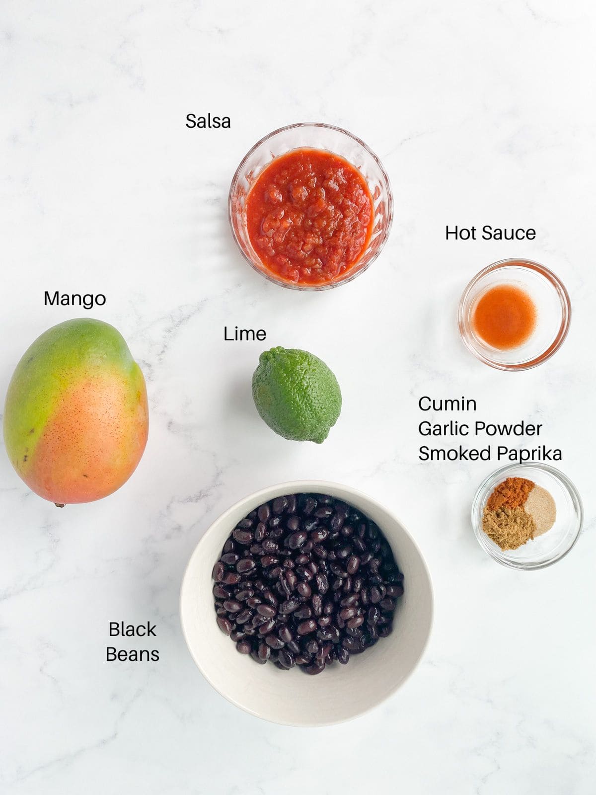 Ingredients for black bean mango dip.
