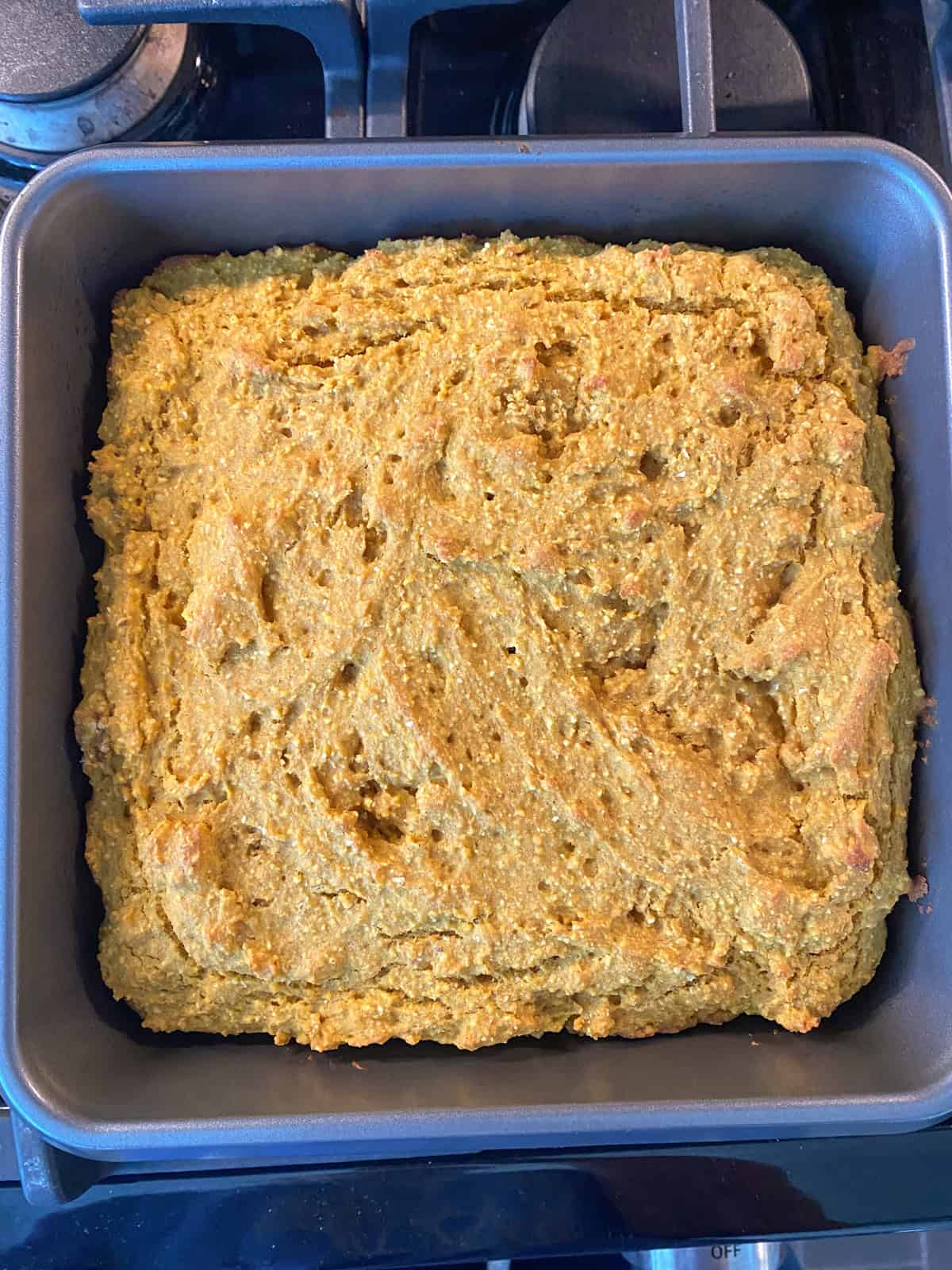 Baked cornbread in the baking pan.