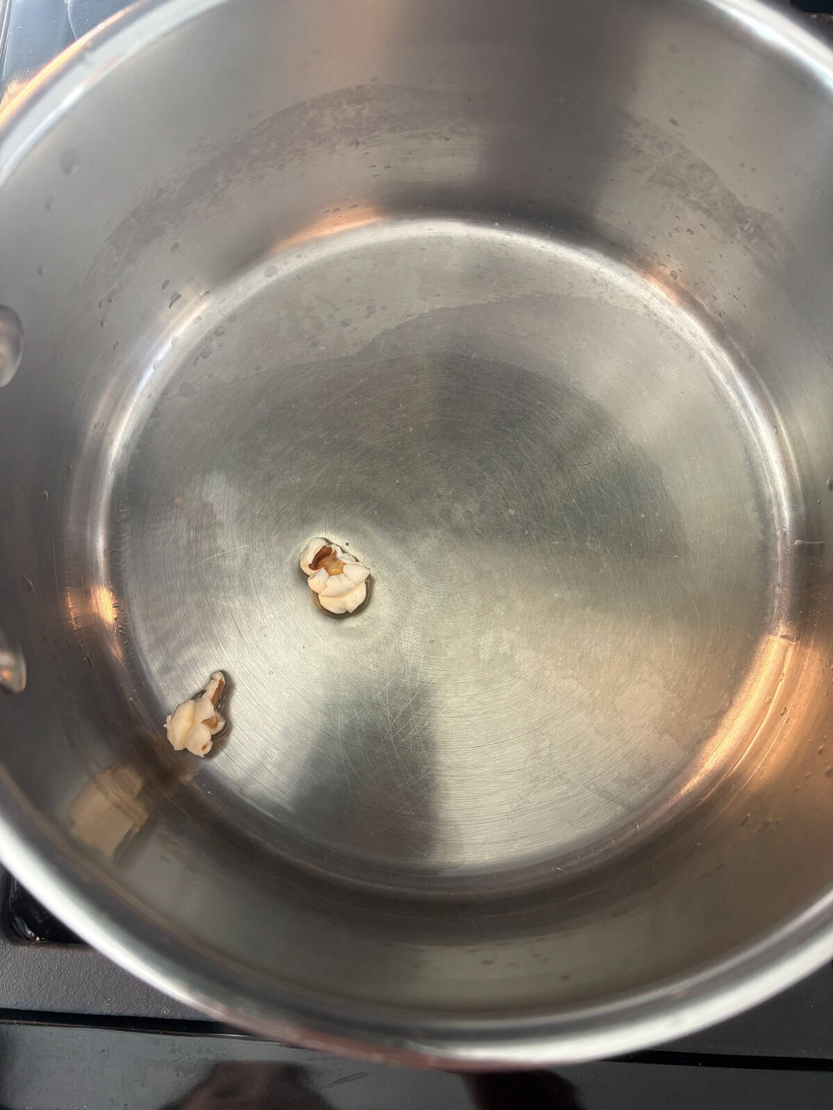 Pot with oil and 2 popped kernels of popcorn.