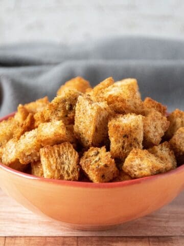 Croutons in a small bowl.
