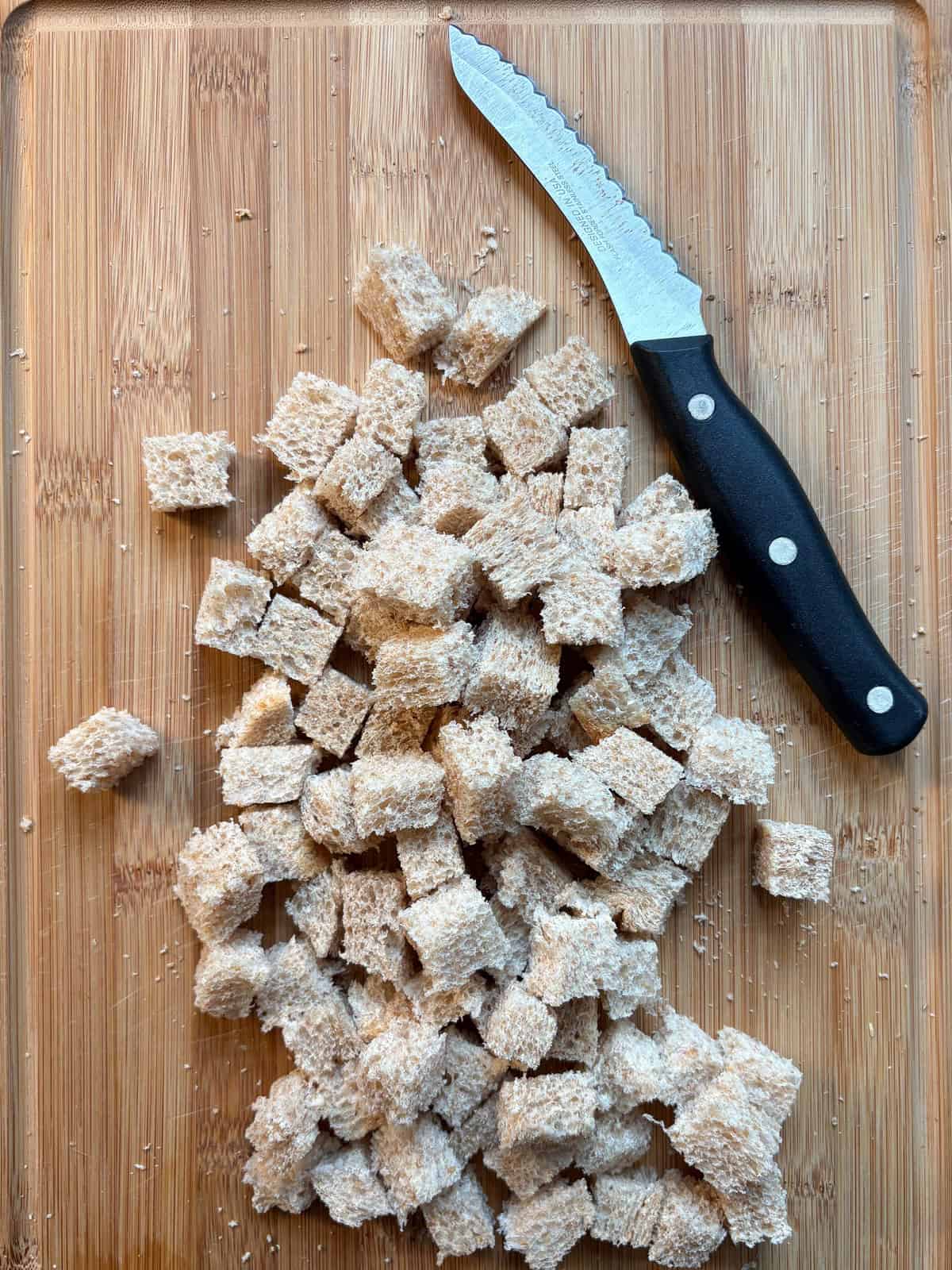 Bread cut into small cubes.