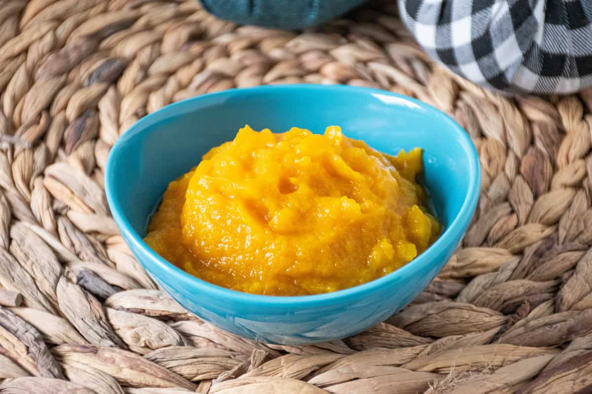Pureed pumpkin in a small bowl.