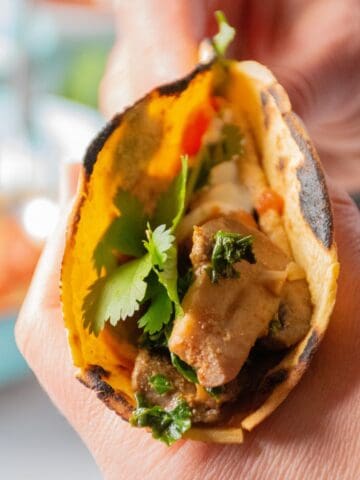 Hands holding a taco up, smeared with hummus and loaded with sauteed mushrooms, zucchini, and kale, garnished with cilantro.